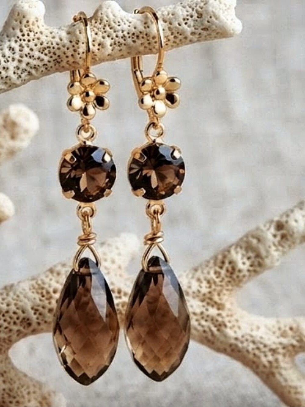 4 Carats Smoky Quartz & Drop Smoky Quartz In Statement Gold Plated Earrings